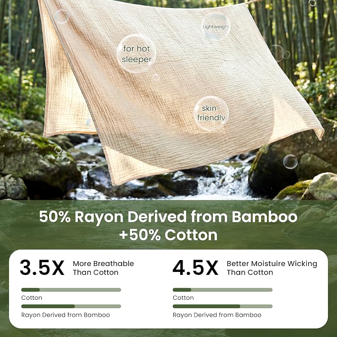 Love's cabin Cooling Muslin Blanket Queen Size, 50% Rayon Derived from Bamboo, 50% Cotton, 4-Layer Lightweight Breathable Summer Gauze Blanket for Bed, Soft for Hot Sleepers and Kids, 90"x90", Beige