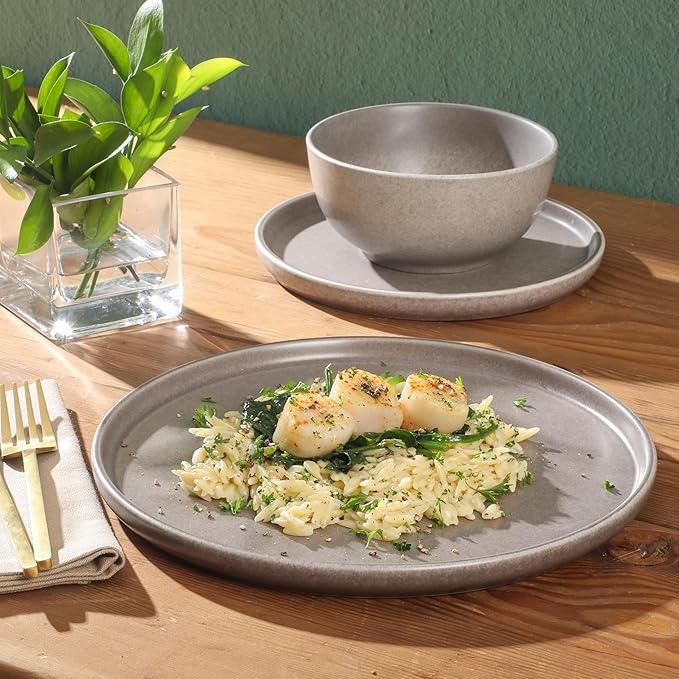 Gibson Elite 12 Piece (Service for 4) Eden Rock Plates and Bowls Reactive Glaze Round Dishes Stoneware Ceramic Dinnerware Set - Grey