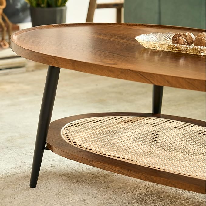 AGV LIGHTING Oval Coffee Table with Storage Shelf, 47" Mid Century Modern Coffee Table for Living Room, Walnut Wood Finish MDF Top with Rattan Shelf
