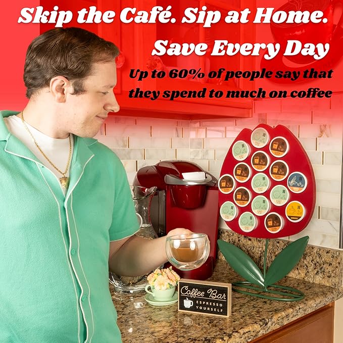 Made Easy Kit Front Facing Countertop Coffee Pods Holder - Compatible with K-Cups Practical meets Whimsical - Coffee Bar Decor for Home Café Kitchen Nook (Red Flower)