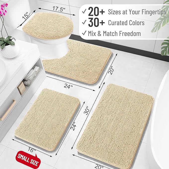 OLANLY Toilet Rugs U-Shaped 24x24, Extra Soft Absorbent Chenille Contour Bathroom Rugs for Toilet, Dry Quickly, Machine Washable, Non-Slip Bath Mat, Beige