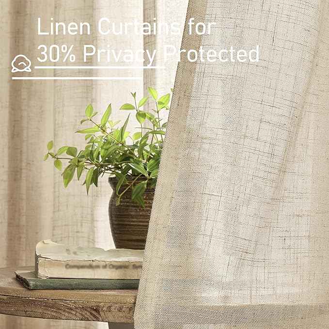LAMIT Brown Linen Curtains for Bedroom, 72 Inch Length Light Filtering Semi Sheer Panels Back Tab and Rod Pocket Neutral Drapes for Living Room, 2 Panels, 34 x 72 Inch