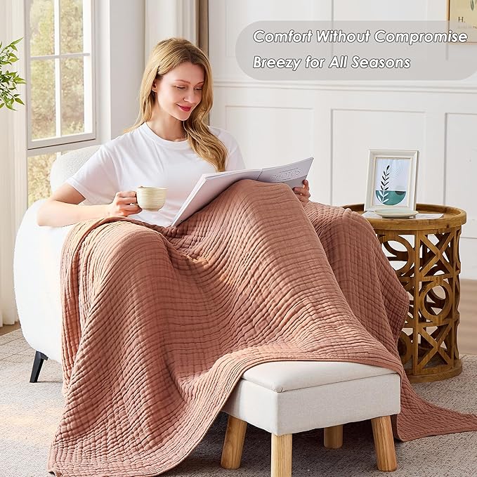 VANJOROY 9-Layer Muslin Throw Blanket Queen 90" x 90" Coffee, 100% Cotton Organic Breathable Lightweight Large Throw for Couch Bed Quilt and Bedspread - All Season Muslin Soft Gauze Blanket