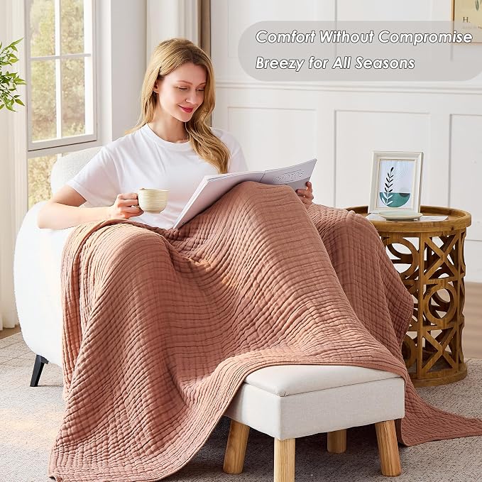 VANJOROY 9-Layer Muslin Throw Blanket Twin 60" x 80" Coffee, 100% Cotton Organic Breathable Lightweight Large Throw for Couch Bed Quilt and Bedspread - All Season Muslin Soft Gauze Blanket