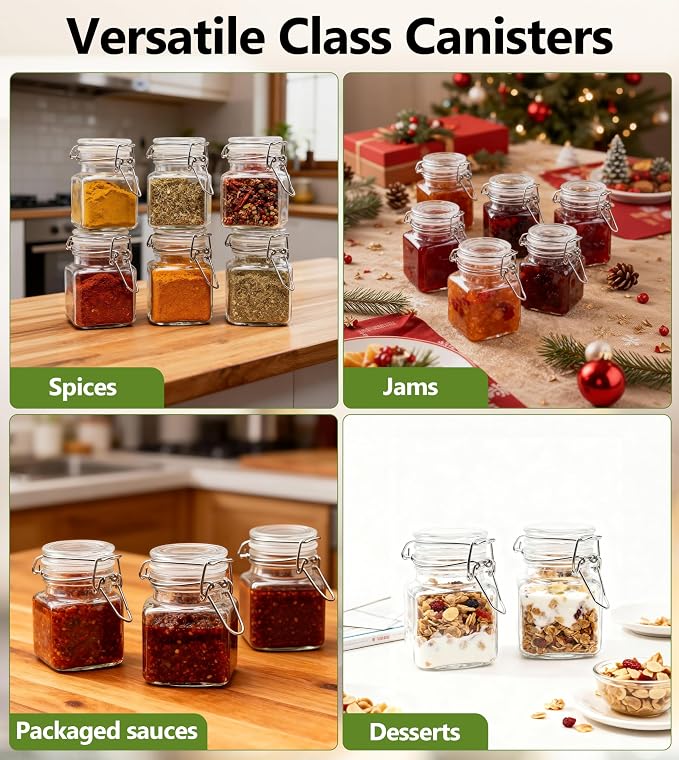 R DRURLCD 20 Pack 4 oz Square Small Glass Spice Jars for Herbs with Airtight Hinged Lids, Spice Containers with Labels,Marker,Spoons,Funnel for Seasoning,Honey Kitchen Storage Wedding Favors
