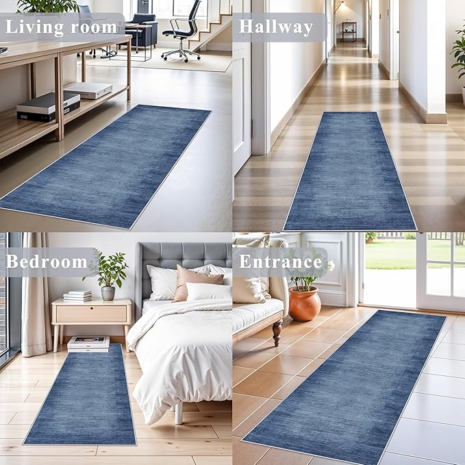 2x6ft Non-Slip Washable Kitchen Rug - Modern Carpet Runner for Hallway,Bedroom Bedside,Laundry Room,Entryway with Rubber Backing – Abstract Neutral Low-Pile Thin (Navy Blue,2x6)