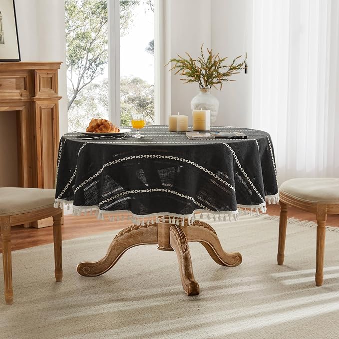 ZeeMart Hemstitched Embroidery Striped Boho Tablecloth 54 Inch Round Black, Heavy Weight Farmhouse Burlap Linen Black Tablecloth, Wrinkle Resistant Washable Table Cloth for Round Table