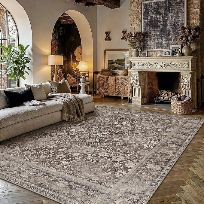 HUGEAR 8x10 Machine Washable Rugs Coffee Brown Hallway Large Area Rug Indoor Accent Rug Floral Low Pile Carpet Soft Throw Aesthetic Rug Bedroom Living Room Office Dining Room Kitchen Laundry Room