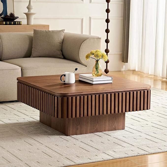Square Lift Top Coffee Table with Storage for Living Room Office, Modern Fluted Coffee Table, 35.43" Wood Dining Center Tables with Large Hidden Space - Walnut