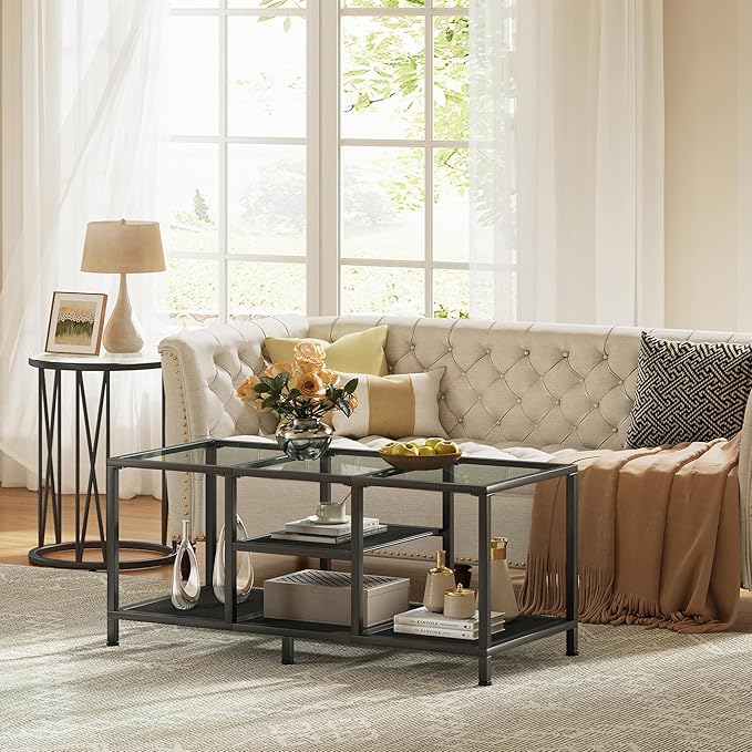 JARHETUN Glass Coffee Table, Coffee Tables for Living Room, Small Center Table, Modern Coffee Table with Open Storge&Metal Frame, Rectangular Coffee Tables for Small Space, Home Office, Black