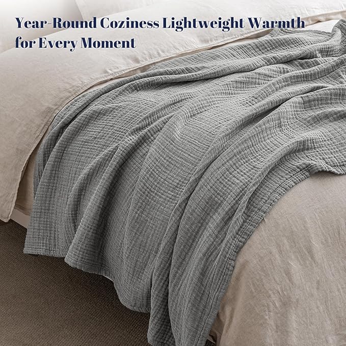 PHF 100% Cotton Muslin Blanket King Size 108"x90", 4-Layer Lightweight Gauze Throw, Breathable Cloud-Soft Minimalist Blanket for Bed, Couch, Camping, Grey, Ideal Gift