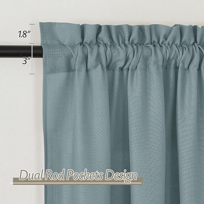 RYB HOME Linen Sheer Curtains 2 Panels for Living Room, Semi Transparent Privacy Drapes with Rod Pocket Farmhouse Style Window Treatments for Bedroom， Stone Blue， 52" W x 84" L