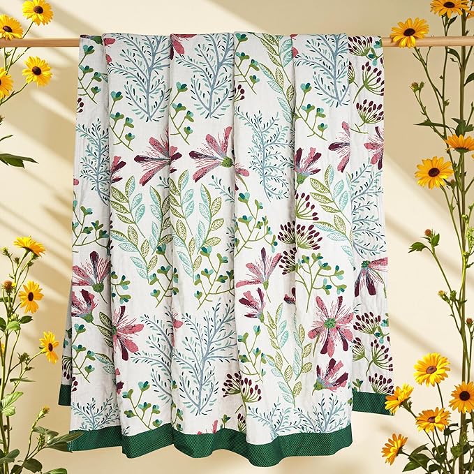 VANJOROY Boho Throw Blanket, 100% Organic Cotton Breathable Ultra Soft 91" x 108" King Bed Quilt Throw - All Season Floral Rustic Farmhouse Decor Luxury Blanket for Sofa Couch Chair and Gift