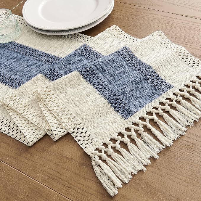 ZeeMart Macrame Style Bicolor Stitching Table Runner, 14 x 36 Inch Blue/Ivory, Boho Blue Table Runners 36 Inches Long, Farmhouse Woven Home Decor