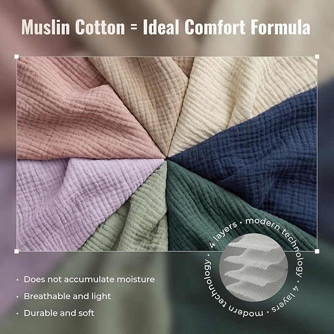 4-Layer Muslin Cotton Queen Bed Blanket (90 x 90 inches) – Ultra Soft Breathable Gauze, Lightweight All-Season Cozy Blanket, Machine Washable – Lavender