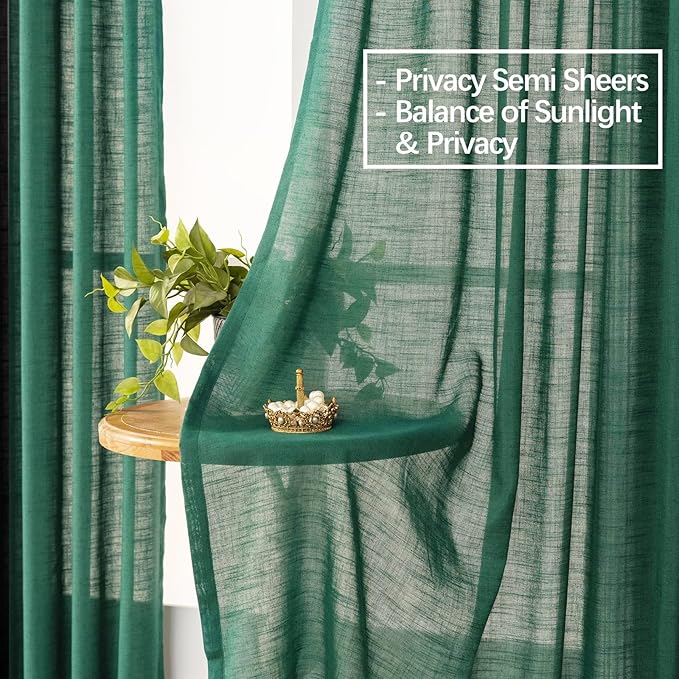 Emerald Green Curtains Semi Sheer 90 Inches Long, Dark Linen Textured Living Dining Room Sliding Glass Door Curtains & Drapes, Hunter Green Window Panel, Pinch Pleat Curtain with Hook