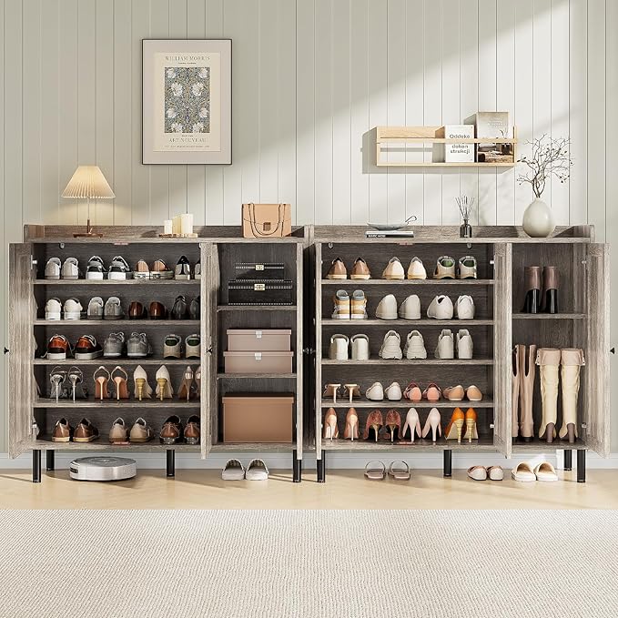 ONBRILL Shoe Cabinet with 3 Doors and Adjustable Shelves, 30 Pairs Shoe Storage Cabinet, 40 Inch Tall Farmhouse Shoe Rack Shoe Organizer Cabinet for Entryway Living Room Closet, Gray Wash