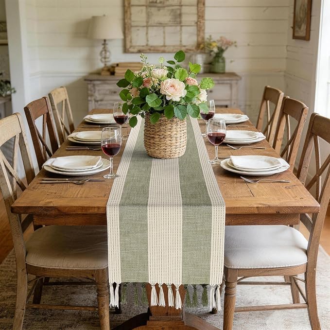 yuboo Sage Green Table Runner 72 Inches, Cotton Linen Farmhouse Dresser Runners for Bedroom, Rustic Woven Boho Coffee Table Decor with Tassels for Dining Room, Kitchen, Summer Holiday Party