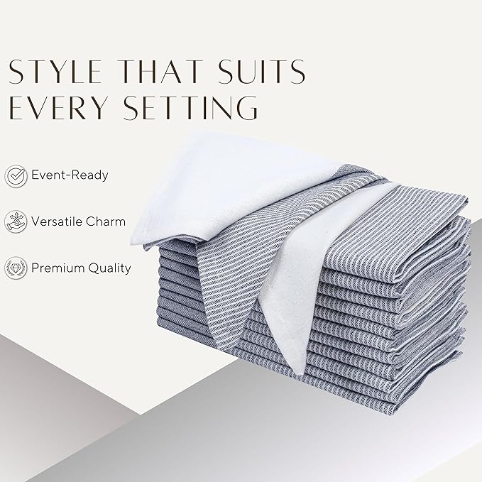 Palisa 100% Cotton Cloth Dinner Napkins [Pack of 4, Denim Blue] Striped Pattern Reusable Table Linen Napkins for Home & Kitchen | Parties & Farmhouse Dining Décor 18x18 Inch