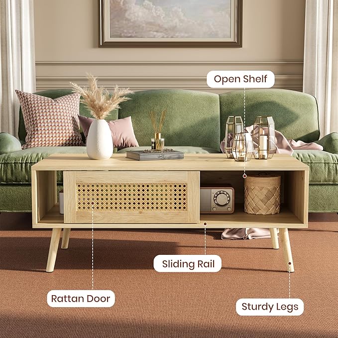 IDEALHOUSE Rattan Coffee Table with Storage, Farmhouse Boho Center Sofa Table with Sliding Door and Open Shelf for Living Room, Bedroom
