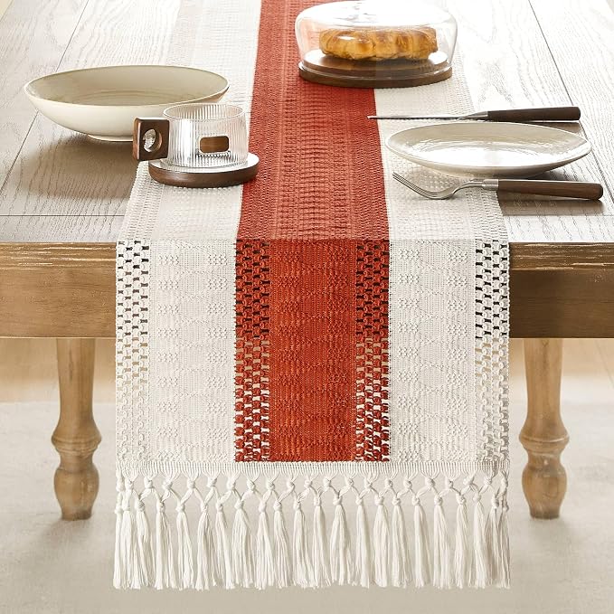 ZeeMart Macrame Style Bicolor Stitching Table Runner, 14 x 108 Inch Orange/Ivory, Boho Burnt Orange Fall Table Runners 108 Inches Long, Farmhouse Woven Fall Home Decor