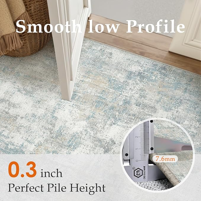 2x3 Washable Area Rug Blue Cream Abstract Non Slip Soft Low Pile Small Rug for Entryway Kitchen Bathroom Neutral Modern Throw Carpet for Living Room Bedroom Home Decor