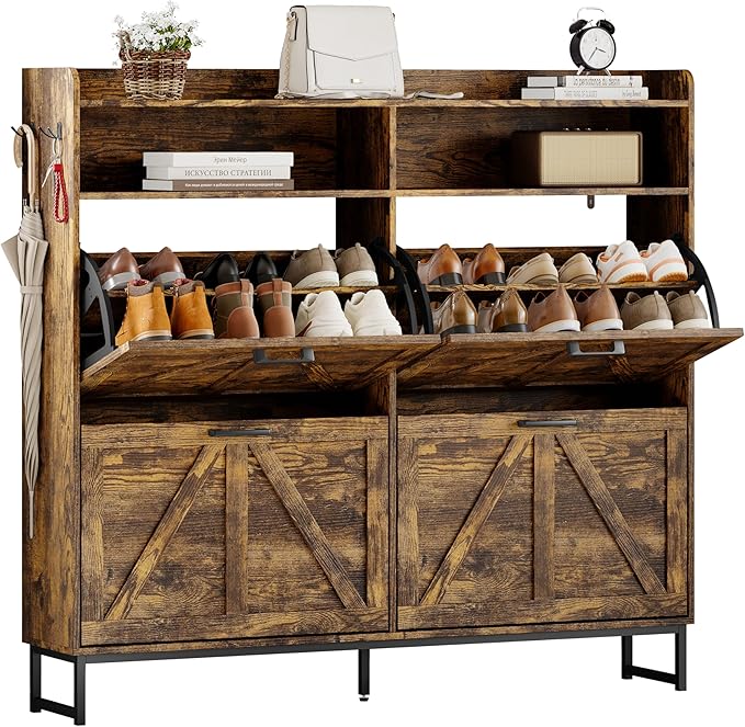 Wodeer Shoe Cabinet Storage for Entryway, Shoe Storage Cabinet with 4 Flip Drawers, Freestanding Narrow Shoe Rack Organizer with Metal Legs, Adjustable Shelves & Open Storage for Foyer, Hallway, Brown