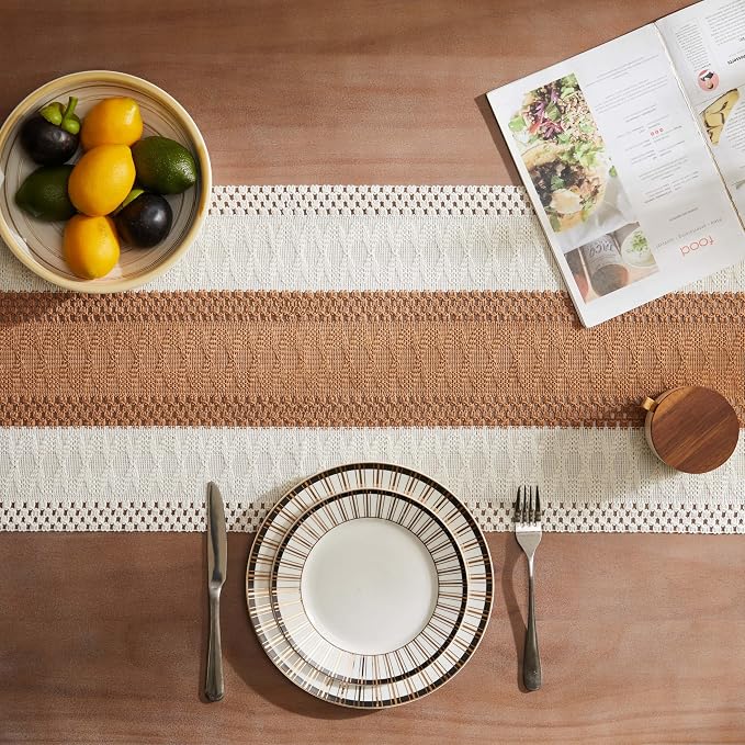 ZeeMart Macrame Style Bicolor Stitching Table Runner, 14 x 72 Inch Caramel/Ivory, Boho Caramel Table Runners 72 Inches Long, Farmhouse Woven Home Decor