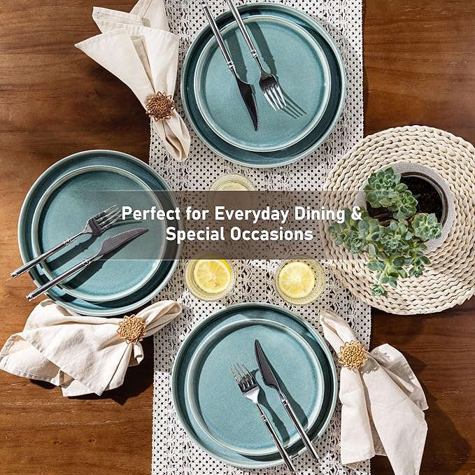 GBHOME Ceramic Dinnerware Sets for 6, 18 Pieces Stoneware Plates and Bowls Sets, Scratch Resistant Dishes, Dishwasher & Microwave Safe, Reactive Glaze-Malachite Green