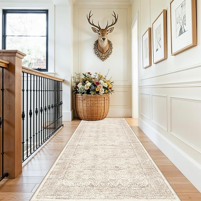 Washable Runner Rug 3x10 Hallway: Non Slip Farmhouse Kitchen Carpet with Rubber Backing for Entryway Long Soft Vintage Indoor Floor Mat for Bathroom Bedroom (Brown/Ivory 3'x10')