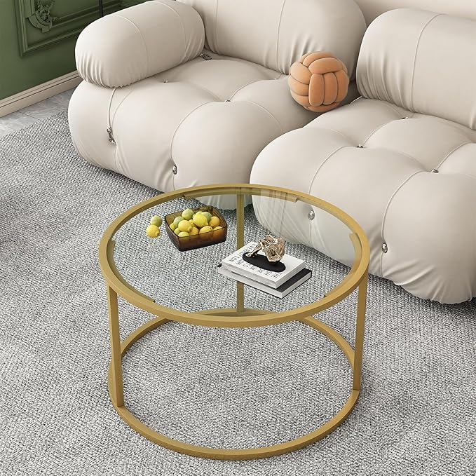 Glass Coffee Table,Round Gold Coffee Table for Small Space,27" Modern Center Table,Glass Top Clear Coffee Table with Sturdy Metal Frame for for Living Room Home Office, Easy Assembly