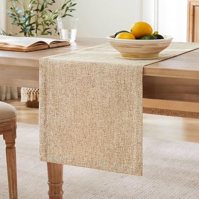 ZeeMart Burlap Style Farmhouse Table Runners 60 Inches Long, Beige Rustic Woven Dining Table Runner for Everyday Use, 14x60 Inches, Oatmeal Beige