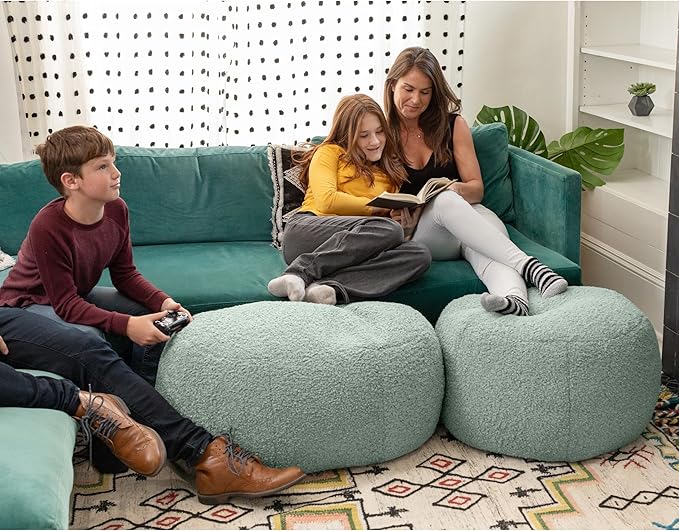 Jaxx Ellis Ottoman Shearling Faux-Lamb Plush Pouf for Modern Interior Design, Oval, Mineral Green