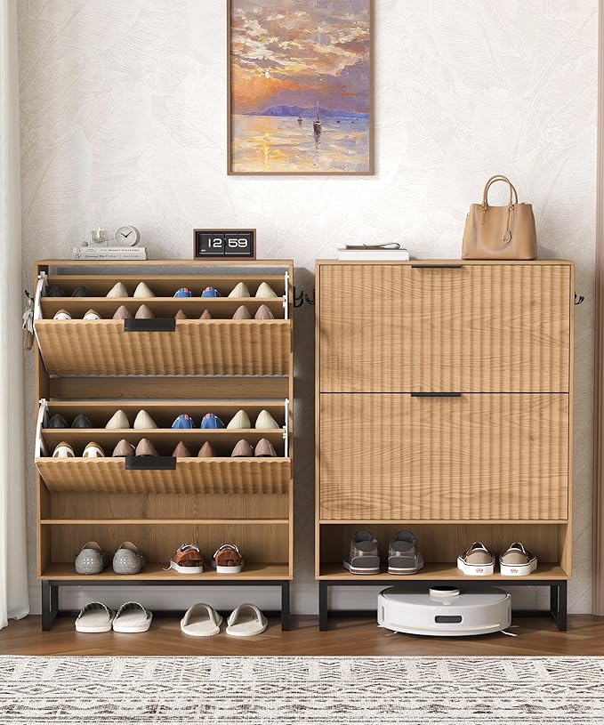 Akxomel 31.5" W Fluted Shoe Storage Cabinet, Narrow Hidden Shoe Rack Cabinet with Metal Legs, Narrow Shoe Organizer, 2 Flip Drawers, for Entryway, Hallway, Living Room, Natural Oak