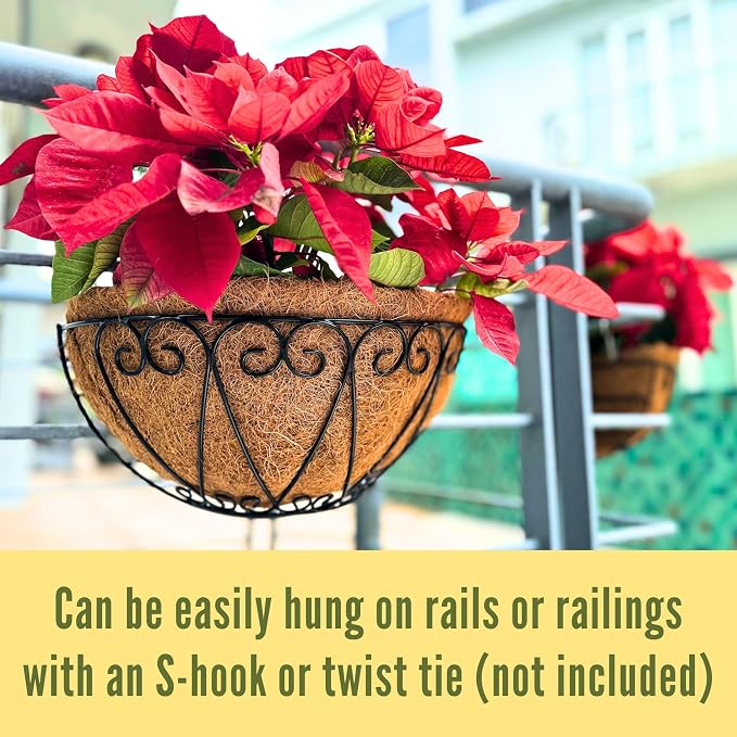 LaLaGreen Outdoor Wall Planters (2 Pack, 16 Inch) Black Metal Wall Mounted Hanging Basket with Coco Liner, Large Flower Pot Plant Holder Planter for Fence Railing Deck Porch Balcony Modern Home Decor