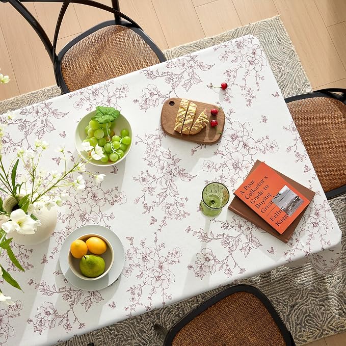 French Vintage Linen Tablecloth Rectangle Floral Table Cloth with Brown Flowers Pattern Burlap Textured Farmhouse Rustic Outdoor Table Cover for Picnic,Dining,Party,Home Decor 55x72 Inch