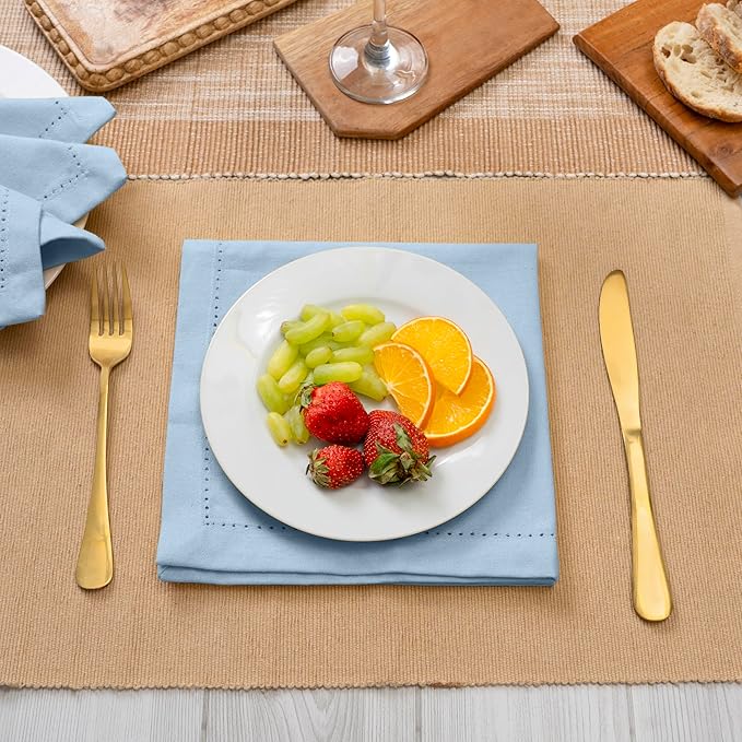 Blue Needles Set of 6 Hemstitch Linen Napkins 100% Cotton Ice Blue Cloth Dinner Napkins 18x18 inches - Spring Summer Easter - Soft, Reusable, Absorbent, Washable, Ideal for Parties & Everyday Use
