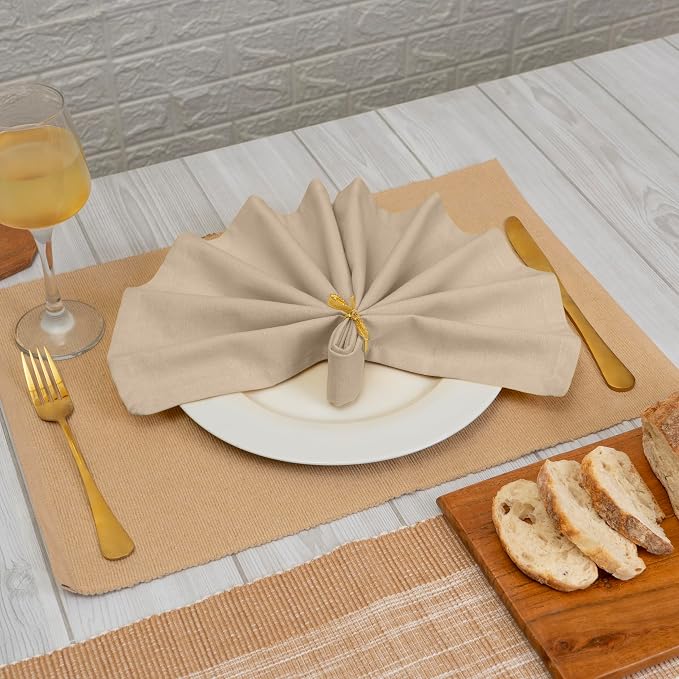 Blue Needles Solid Cloth Napkins Set of 12 Beige 100% Cotton Dinner Napkins 18x18 inches - Spring Summer Easter - Soft, Reusable, Absorbent & Washable Linen, Ideal for Events Parties & Everyday Use