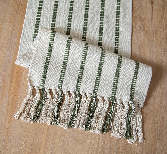 Caflife Boho Table Runner 72 Inchs Long Green and Beige, Cotton and Linen Woven with Tassels, for Modern Rustic Farmhouse Neutral Table Runners, Bohemian Kitchen Dining Table Home Decor