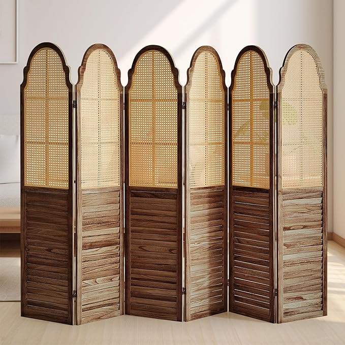 Wood Room Divider 6 Panel, Folding Privacy Screen, Rattan Room Divider Wall, Foldable Wood Divider Panel, Separate Portable Partition Screen Divider for Room Separation Bedroom Garden (Brown)