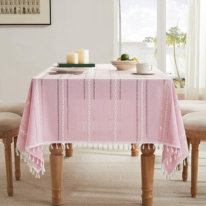 ZeeMart Hemstitched Embroidery Striped Boho Tablecloth 54x70 Inch Pink, Heavy Weight Farmhouse Burlap Linen Pink Tablecloth, Wrinkle Resistant Washable Table Cloth for Rectangle Table