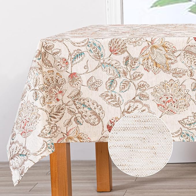 MYSKY HOME Linen Floral Tablecloth Rectangle 60x84 Inch Rustic Tablecloth Spring Summer Waterproof Fabric Table Cover Farmhouse Decoration Oblong for Kitchen, Dining and Outdoor Picnic, Brown