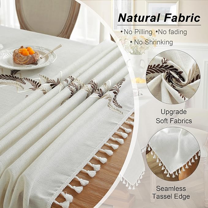 JIALE Tablecloths for Rectangle Tables, Cotton Linen Table Cloth Waterproof Tablecloth Wrinkle Free Farmhouse Dining Tables Cover, Soft Fabric Table Cloths with Tassels, Beige, 55" X 70", 4-6 Seats