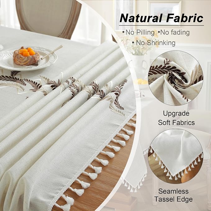 JIALE Tablecloths for Rectangle Tables, Cotton Linen Table Cloth Waterproof Tablecloth Wrinkle Free Farmhouse Dining Tables Cover, Soft Fabric Table Cloths with Tassels, Beige, 55" X 102", 8-10 Seats
