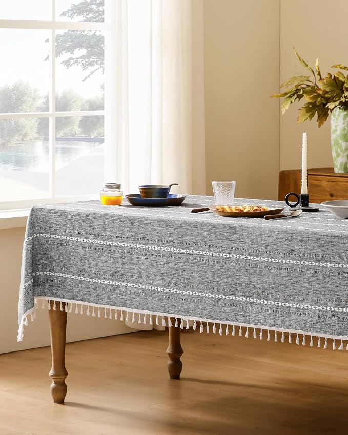 ZeeMart Hemstitched Embroidery Striped Boho Tablecloth 60x84 Inch Charcoal, Heavy Weight Farmhouse Burlap Linen Grey Tablecloth, Wrinkle Resistant Washable Table Cloth for Rectangle Table