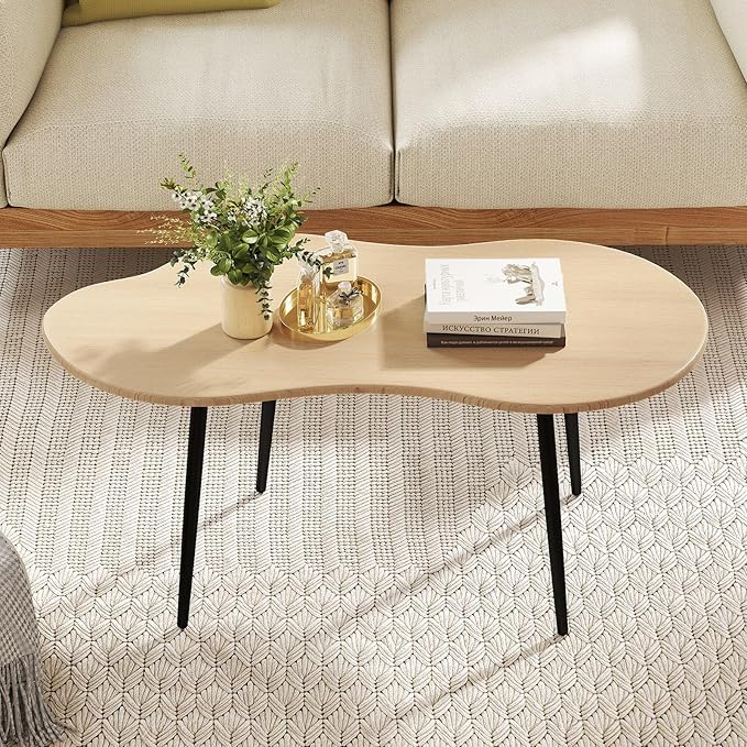 Giantex Small Coffee Table, 39.5" Cloud Center Table with Metal Frame, Unique Irregular Accent Cocktail Tea Table, Modern Wood Coffee Table for Living Room, Small Spaces (Natural)
