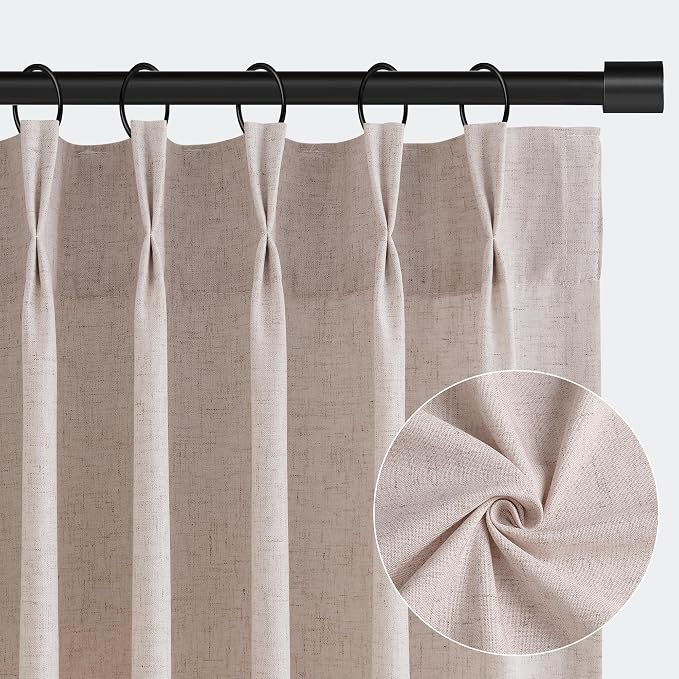 Aersas Natural White Pinch Pleated Linen Curtains 112 Inches Long for Living Room Bedroom Light Filtering Neutral Farmhouse Curtain 112 Length Hooks Rings Back Tab for Sliding Door 2 Panels