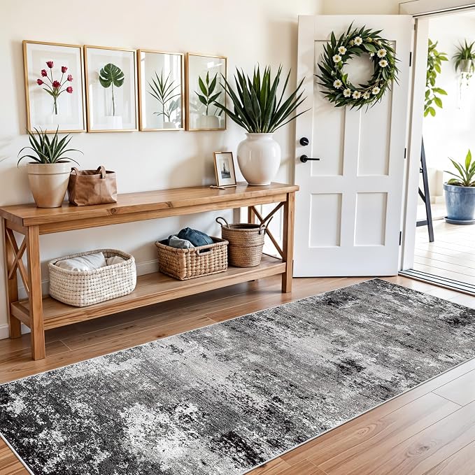 3x8 Washable Hallway Runner Non-Slip Abstract Modern Neutral Wide Carpet Runner for Kitchen Floor, Entryway, Bedroom, Living Room Soft Low-Pile Thin Rubber Backing (Black Grey, 3x8)