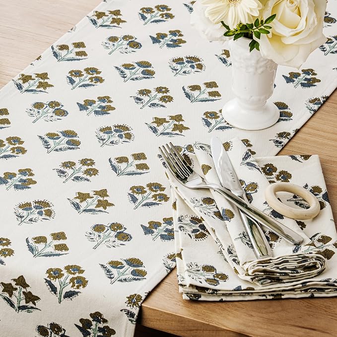 100% Cotton Block Print Floral Table Runners, 13x90 Inch Brown Farmhouse Table Runners 90 Inches Long Boho Flowers Home Decors