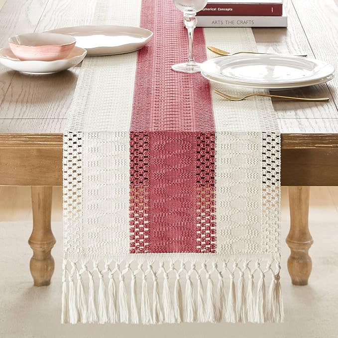 ZeeMart Macrame Style Bicolor Stitching Table Runner, 14 x 72 Inch Dusty Rose/Ivory, Boho Pink Table Runners 72 Inches Long, Farmhouse Woven Home Decor